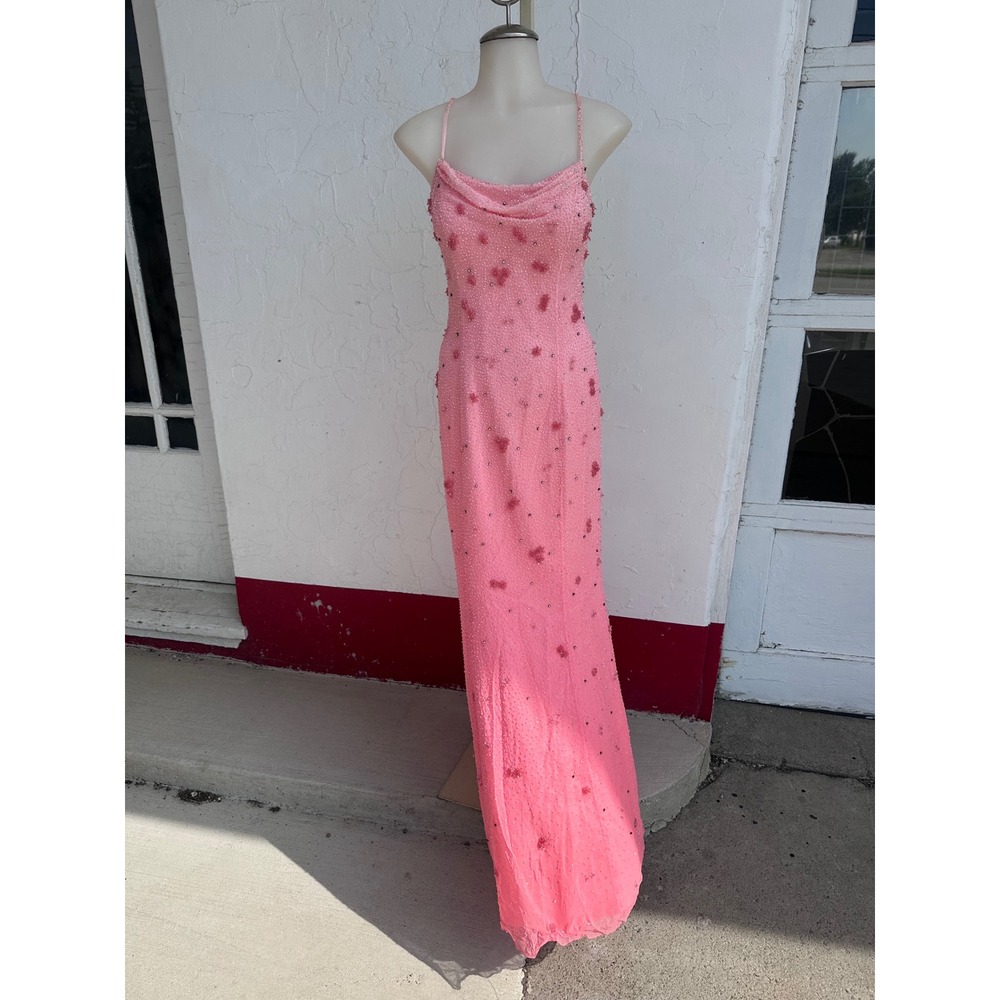 Alyce Designs Pink Silk Beaded Y2K Formal Gown Cowl Neck Maxi Dress Sz 12